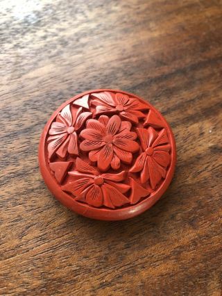 1 Vintage Old Stock Asian Chinese Carved Cinnabar Large Flower Pendant Bead