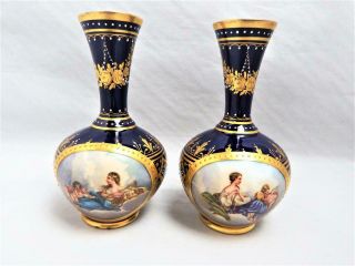 Antique Royal Vienna Austria Hand Painted Gilded Pair Pictorial Vases 1880 