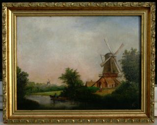 Early19th Cen.  Dutch School Windmills In A River Landscape Antique Oil Painting