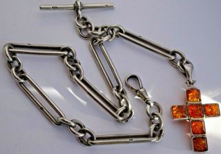 Lovely Victorian Solid Silver Pocket Watch Albert Chain With Silver & Amber Fob