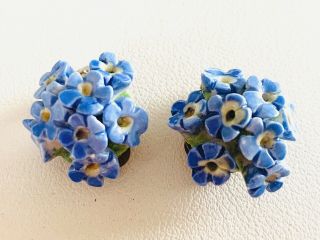 Vintage English Fine Bone China Blue Flower Cluster Clip On Earrings