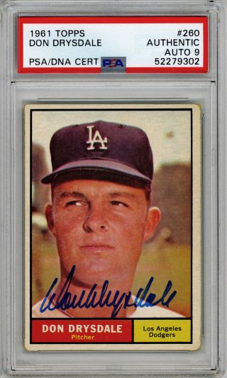 1961 Topps Autographed Psa/dna 9 Don Drysdale 260 Signed Baseball Card