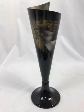 Vintage Asian Japanese Metal Vase With Carved Scenery,  Black With Gold,  Silver