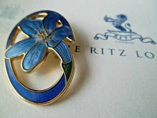 Vintage Costume Jewellery Brooch Pin Blue Iris Signed Fish Sapphire Blue Enamel