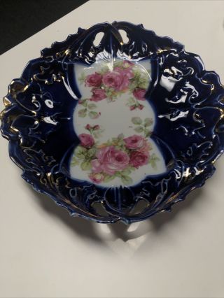 Vintage Porcelain Serving Bowl Pink Roses Cobalt Blue Gold Edge Made In Germany