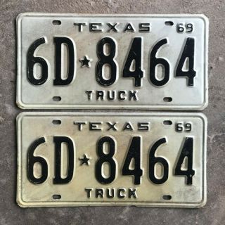 1969 Texas Truck License Plate Pair 6d 8464 Yom Dmv Clear Ford Chevy Nos