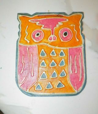 Vintage Cnc Japan Owl Wall Art 9 " Tall 7 1/4 " Wide Pink Orange & Yellow
