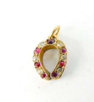 Antique Victorian 9ct Gold Diamond & Ruby Horse Shoe Luckey Charm Pendant Fob