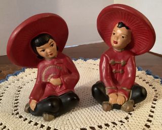Vintage Mcm Universal Statuary Asian Boy And Girl Plaster Statues 1950 