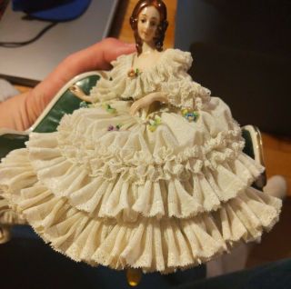 Porcelain Dresden Lace Lady On A Couch Figurine From Germany.  Con