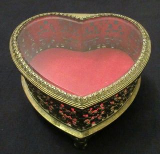 Vintage Brass Heart Shaped Trinket Jewelry Box With Glass Top