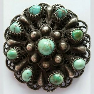 Turquoise Natural,  Antique Silver Brooch Pendant With Natural Turquoise 22gr