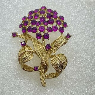 Vintage Purple Flower Bouquet Brooch Pin Rhinestones Gold Tone Costume Jewelry