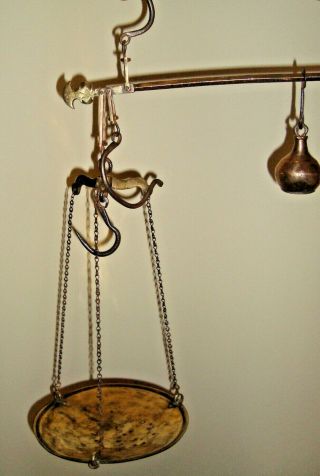 Antique Iron & Brass Hanging Beam Steelyard Scale With Pan & 3/4 Okka Weight