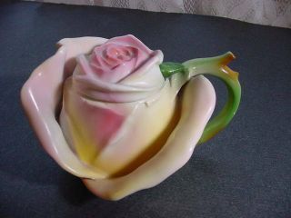 Antique Royal Bayreuth Figural Pink & Yellow Rose Mustard Pot With Lid & Spoon