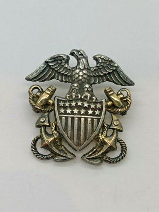 Vintage Wwii Us Navy Military Pin Brooch,  Eagle Anchor Shield Insignia,  Sterling
