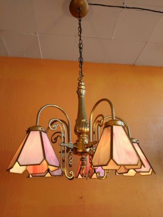Vintage Gilt Brass 5 Light Chandelier Art Deco Style Pink Slag Glass Shades