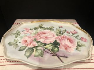 Limoges Hand Painted Roses 16 " Porcelain Large Tray Antique Vanity Gold Signed