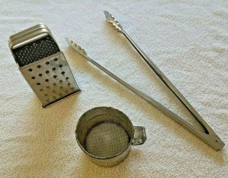 Set Of 3 Vintage Kitchen Tools Made In Usa Tongs,  Grater And Sifter