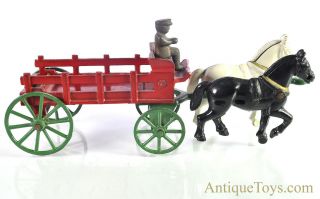 Antique Ca.  1930’s Kenton Red Cast Iron & Steel Horse Drawn Stake Wagon W/driver