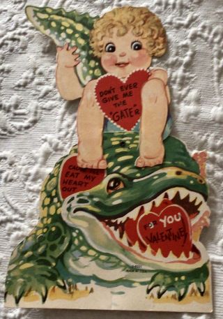 Vintage Mechanical Valentine,  Moving Girl & Alligator Tail,  8 ",  Usa