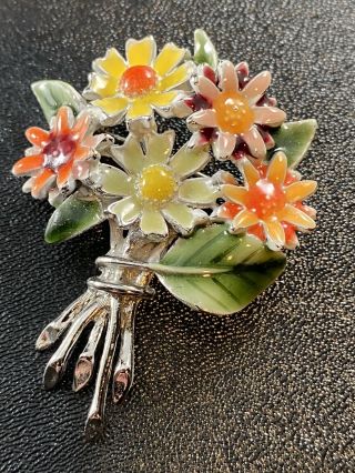 Vintage Brooch Pin 2.  5” Flower Bouquet Colorful Enameled Silver Tone Lot4