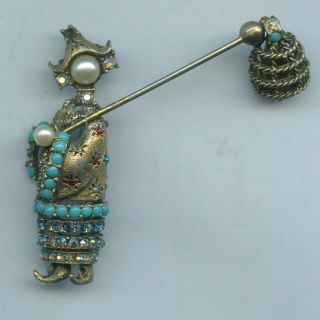 Vintage China Export Petit Turquoise,  Pearl,  Rhinestone Lantern Dangle Pin Bro