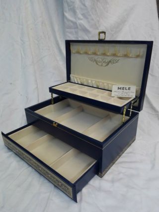 Vintage Mele Jewelry Box.  Blue With Gold Embossing 2 Tier,  Auto Drawer