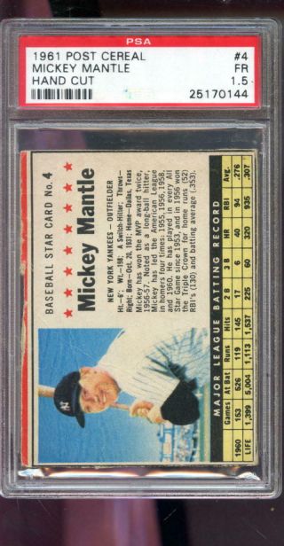 1961 Post Cereal 4 Mickey Mantle Yankees Psa 1.  5 Graded Baseball Card Mlb