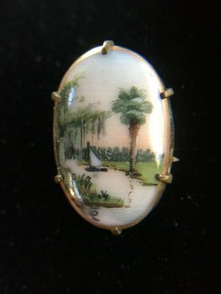 Antique Signed Olive Commons Hand Painted Cameona St.  Johns River Fl Brooch Pin