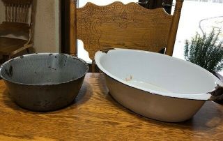 Vintage Enamel Ware Tub Basin Farm House Oval Wash Bowl Pan 20 " White Blue