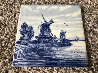 Vintage Delft Blue Hand Painted Windmill Tile W/hanger Made In Holland 4 " ×4 "