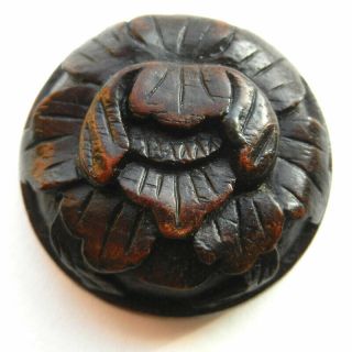 Large Vintage Carved Wood Button Realistic Flower Design 1 - 5/8 "