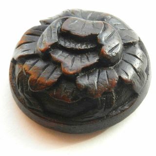 Large Vintage Carved Wood Button Realistic Flower Design 1 - 5/8 