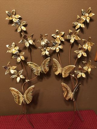 2 - Vintage Metal Wall Hangings Gold Tone Art Sculpture Flowers Butterflies