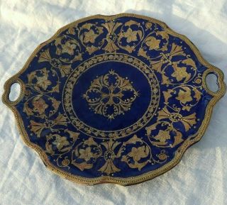 Antique Nippon Moriage Hand Painted Cake Plate Heavy Gold Cobalt Blue Maple Leaf
