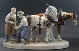 Semi Antique Large German Porcelain Figural Group W/ Horses & Farriers