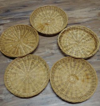Vintage Wicker Rattan Paper Plate Holders - Set Of 5 Wall Baskets Boho