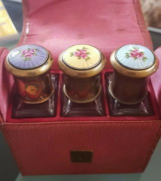 242a Antique Art Deco Guilloche Enamel Perfume Bottles In Travel Case