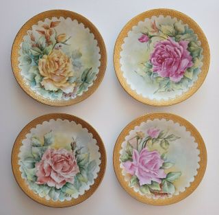 Antique Limoges France Hand Painted Flowers Porcelain Luncheon Plates 4pc Signed