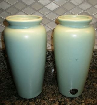 Vtg 2 Each Harris Potteries Vase Seafoam Green Chicago Illinois Usa Made 11”