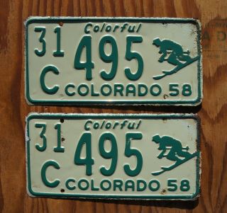 1958 Colorado Skier License Plate Pair / Set - Ski Winter Snow Tags