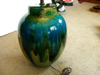 Huge Mid Century Modern Turquoise & Blue Drip Glaze Table Lamp 3
