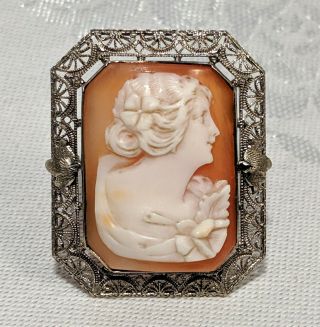 Antique Art Nouveau / Deco 10k White Gold Framed Carved Woman Shell Cameo Pin