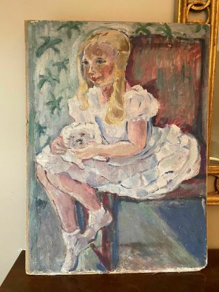 Antique Painting O/b Expressionist Impressionist Portrait Of Girl W/ Dog Large