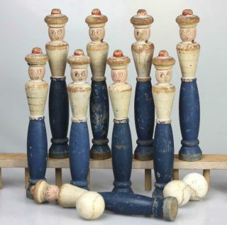 Fantastic Antique French 9 Sailor Wood Toy Skittles Set Wooden Bowling Game
