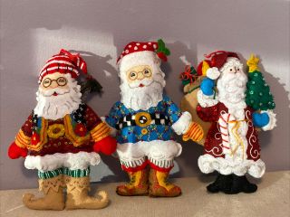 Vintage Felt & Sequin Santas - Christmas Tree Ornaments.  Cute