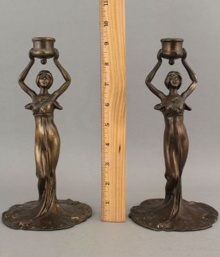 Pair Antique Jennings Brothers Art Nouveau Lady Bronze Sculpture Candlesticks Nr