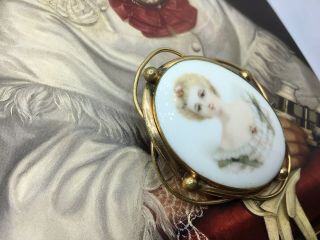 Antique Victorian Ed Miniature Portrait Hand Painted Picture Pinchbeck Brooch