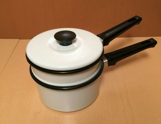 Vintage Enamelware Double Boiler Pot White Enamel W/ Black Trim - Grerat Cond.